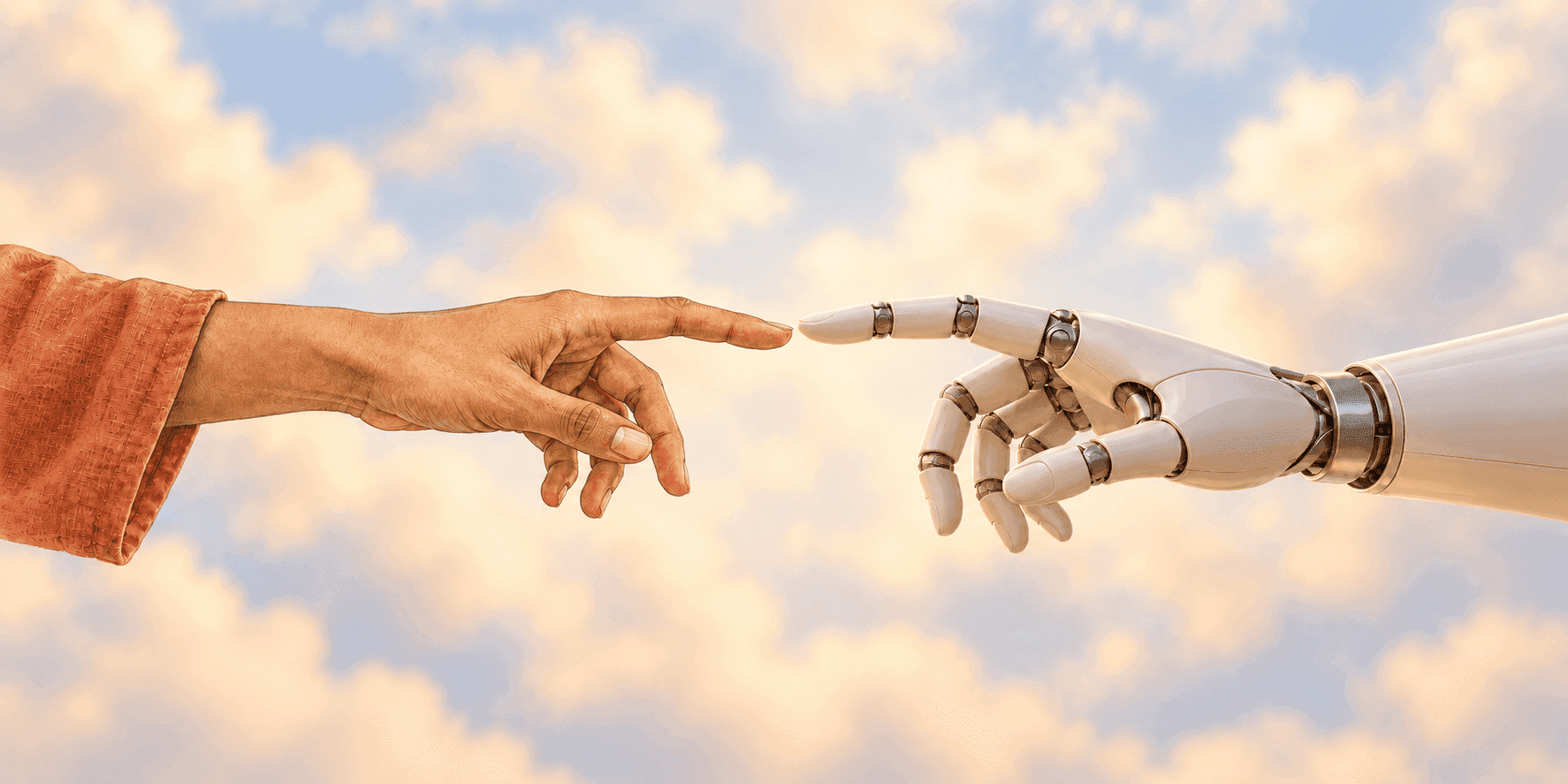 Redrob and Kaabil hands reaching towards each other against a sky