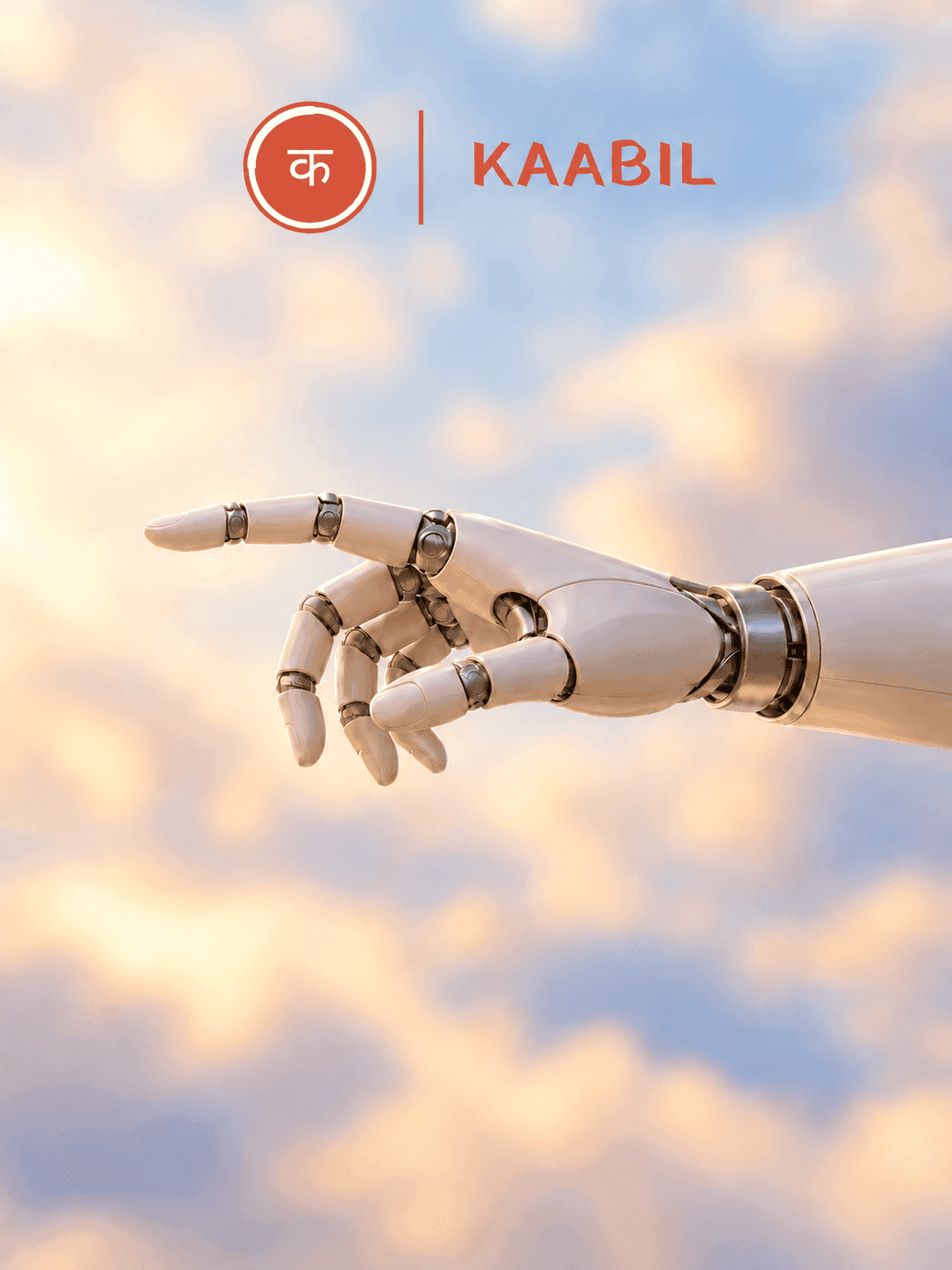 Kaabil logo above a robot hand reaching out against a sky