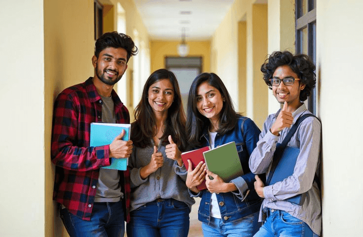 Smiling students holding notebooks in a college corridor